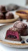 Gourmet chocolate bonbons with berry filling and coconut sprinkles on ceramic plate, cut open to reveal vibrant purple interior and blueberry center.