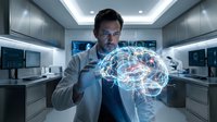 Male scientist examining holographic brain model with neural networks in modern laboratory for medical research and neuroscience technology applications.