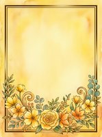 Vintage yellow floral frame with ornamental border and botanical elements on aged parchment background, suitable for invitations, cards, and decorative design projects.