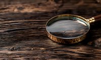 Vintage magnifying glass with brass frame on dark wooden background, dramatic lighting creates mysterious detective atmosphere. For investigation concepts.