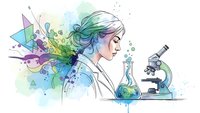 Female scientist with flowing hair conducting laboratory research with microscope and chemical flask surrounded by colorful geometric elements and bubbles.
