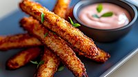 Crispy breaded chicken strips with spicy seasoning and pink dipping sauce served on dark plate, garnished with fresh herbs, close up food photography.