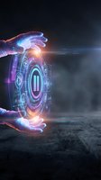 Hands creating futuristic holographic interface with glowing digital elements and neon lights for technology and innovation concepts.