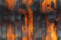 Weathered wooden planks with dramatic orange and black distressed texture, creating abstract pattern of decay and rust effects on dark surface. Artistic grunge background.