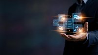 Businessman holding glowing digital technology icons in palm showcasing modern business innovation and connectivity solutions for corporate presentations.