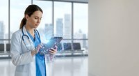 Female doctor in white coat using digital tablet in modern hospital office with city view background for medical technology and healthcare concepts.