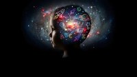 Human head silhouette with glowing brain filled with colorful cosmic elements, stars, and mathematical symbols representing creativity and intelligence.