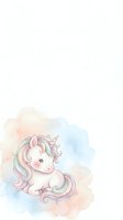 Cute baby unicorn with pastel rainbow mane on watercolor cloud background for nursery decor and children's designs.