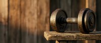 Vintage dumbbell with weathered metal plates and worn wooden handle resting on rustic wooden surface, suitable for fitness, gym, and wellness design projects.