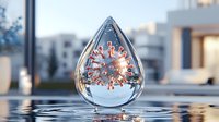 Coronavirus cell model encased in crystal water drop reflecting urban environment, floating above rippled surface. Medical science visualization concept.