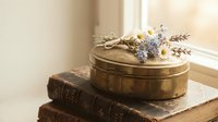 Vintage brass jewelry box with dried lavender flowers on antique leather books by sunny window creating romantic nostalgic atmosphere for home decor.