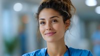 Young female healthcare professional in blue scrubs smiling confidently in modern medical facility. Nurse or doctor portrait for healthcare marketing materials.