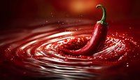 Red chili pepper creating dynamic liquid ripples and splashes against deep crimson background. Culinary and food styling use.