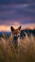 Red fox standing in tall grass at sunset with dramatic purple and orange sky, wildlife portrait for nature and animal stock imagery.