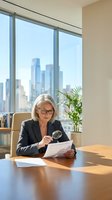 Middle-aged woman with blonde hair and glasses examining document with magnifying glass at wooden desk in modern office with city skyline view.