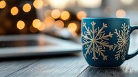 Blue ceramic mug with snowflake pattern against blurred bokeh lights, creating cozy winter atmosphere on wooden table.