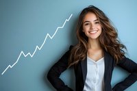 Young businesswoman with long brown hair smiling confidently next to growing chart graph on blue wall background, showing success and achievement in business.