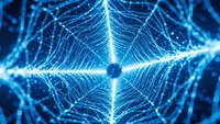 Glowing blue spider web with intricate geometric patterns and luminous threads creating mesmerizing radial symmetry against dark background.