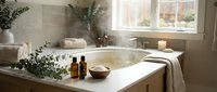 Luxurious spa bathroom with bathtub, eucalyptus branches, essential oil bottles and natural decor elements creating peaceful wellness atmosphere.