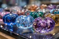 Colorful crystal glass pumpkins in blue, purple and gold tones with faceted surfaces create elegant autumn decor display with sparkling bokeh reflections.
