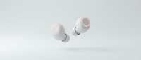Pair of white wireless earbuds with pink accents floating against neutral background, isolated for product design, marketing, and technology mockups.