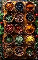Colorful array of aromatic spices and herbs in wooden bowls on rustic olive wood board, decorated with fresh herbs and cherry tomatoes. Perfect for cooking, restaurant menu or food blog.