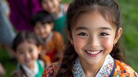 Happy Asian girl with braided hair smiling at camera with diverse group of children playing outdoors in background during sunny day at park or playground.