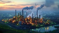 Industrial oil refinery plant with smoking chimneys at sunset, illuminated manufacturing facility reflecting in river water. Urban industrial landscape with dramatic sky.