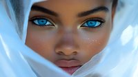 Close up portrait of young African American woman with bright blue eyes and freckles wrapped in light ethereal fabric against soft blue background.