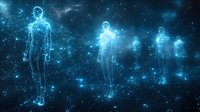 Digital human figures glowing with blue light particles connected by network lines on dark background, representing technology, artificial intelligence, data connection, and digital transformation concepts.