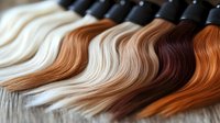 Hair extension samples in various shades from platinum blonde to deep brown arranged in flowing waves for color matching and salon consultation.