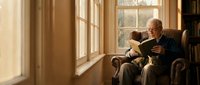 Senior Caucasian man reading book in comfortable leather armchair by sunny window in cozy living room interior for retirement lifestyle concepts.