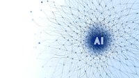 Abstract network visualization with AI text in center, radiating connections and nodes forming digital neural pattern on light blue background. Represents artificial intelligence technology.