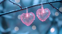 Glowing pink heart-shaped lights hanging on frosty winter branches against blurred blue bokeh background create romantic holiday atmosphere.