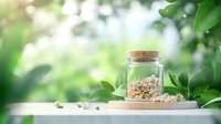 Glass jar with cork lid filled with natural cashew nuts on wooden plate, surrounded by green leaves and soft bokeh background, food photography styling.