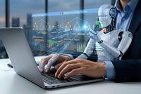 Businessman with robotic arm typing on laptop displaying holographic data analytics dashboard in modern office environment for AI automation concepts.