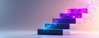 Glowing neon stairs with sparkles and particles rising upward in gradient colors from dark blue to purple and pink on light background, business growth concept.