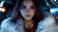 Young brunette woman with striking makeup wearing fur coat and statement necklace in urban nighttime setting with bokeh lights for fashion and lifestyle content.
