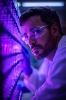 Male scientist in safety glasses examining test tubes in modern laboratory with purple neon lighting for research and development projects.