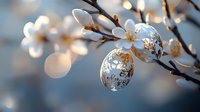 Delicate glass Easter eggs with intricate patterns hanging on blooming spring branches with white flowers against soft bokeh background. Festive holiday decoration.