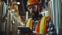 Bearded industrial worker in protective gear and hardhat using digital tablet while monitoring equipment in manufacturing facility at night.