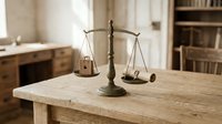 Vintage brass scales of justice on wooden table in law office with books and warm lighting creating professional legal atmosphere for attorney services.