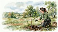 Young woman environmental scientist planting tree seedling in rural landscape for reforestation project. Conservation volunteer working outdoors in nature.