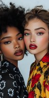Close-up portrait of two diverse models wearing bright floral prints and red lipstick, showcasing natural and glamorous makeup looks against white background.