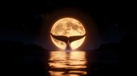 Mystical whale tail silhouette against giant full moon rising over calm ocean water at night, creating dramatic reflection and magical atmosphere. Suitable for fantasy art.