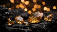 Sparkling amber gemstones on dark textured surface with warm golden bokeh lights creating luxurious jewelry display atmosphere for premium design projects.
