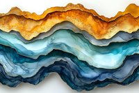 Abstract mountain landscape in gold and turquoise tones, featuring fluid layered waves with textured surfaces and organic flowing lines creating depth and movement.