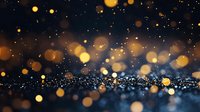 Magical glowing bokeh lights on dark background with sparkles and glitter. Defocused golden particles create dreamy atmospheric effect for festive designs.
