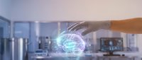 Hand reaching toward glowing digital brain hologram in modern laboratory setting with futuristic technology interface and scientific equipment background.