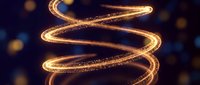 Golden spiral light trail with glowing particles on dark blue background, suitable for technology, innovation, and abstract design projects.
